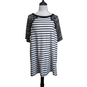 Lilypad Mixed Media Camo Lace Striped Short Sleeve Top Size 3XL